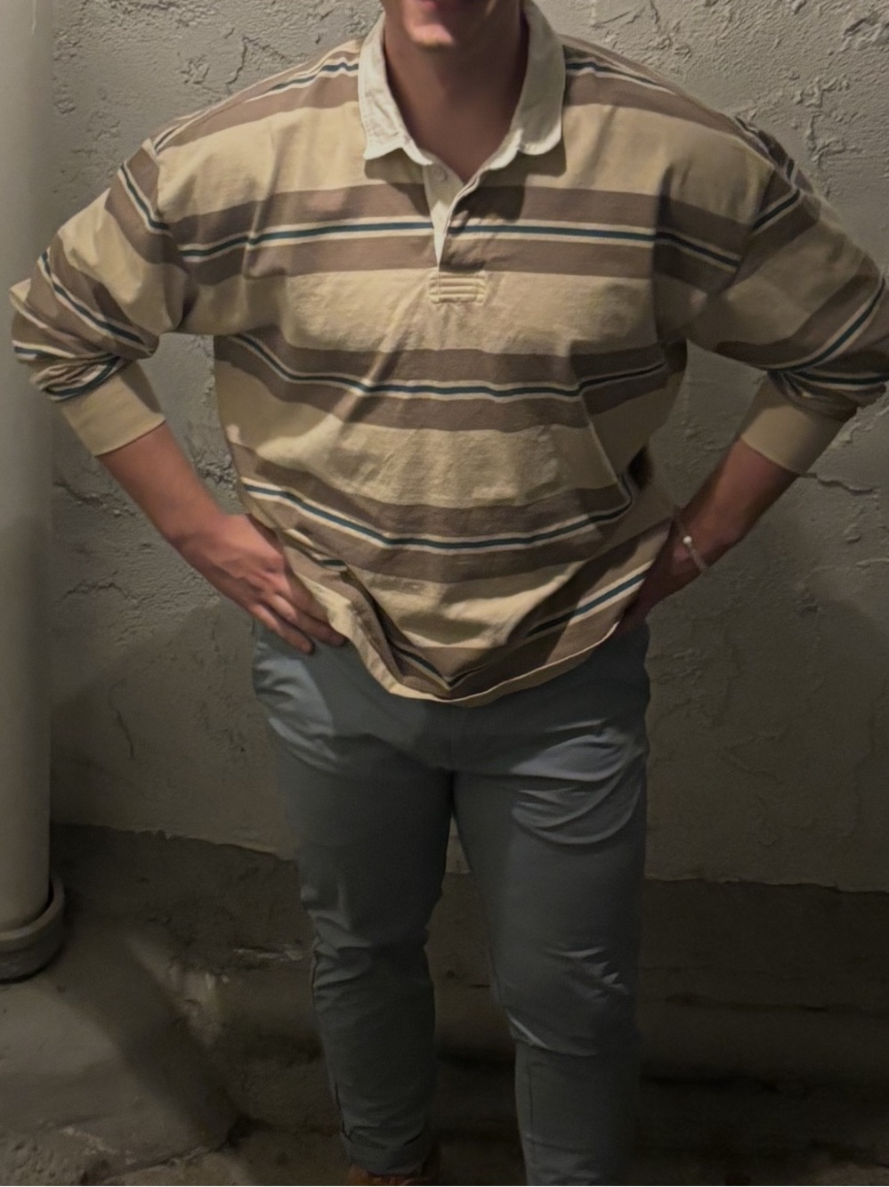 Abercrombie & Fitch Cream and Brown Striped Rugby Polo Oversized XL